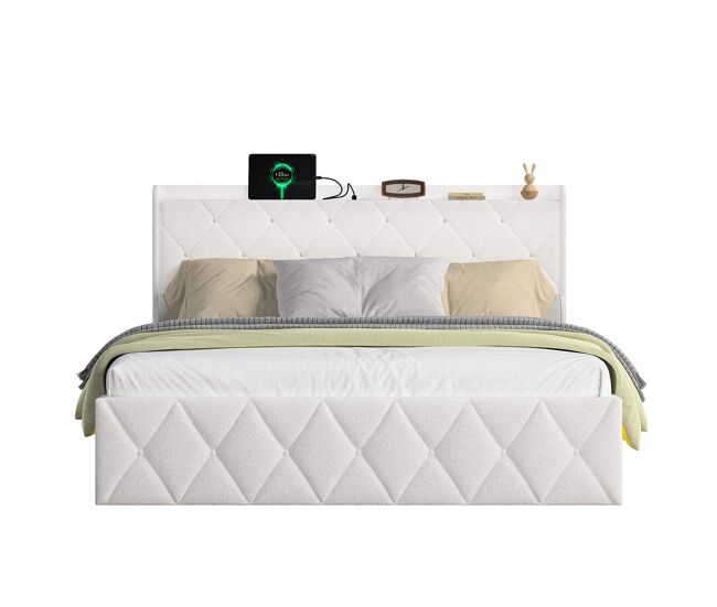 Cama tapizada 140×200 cm - usb, led y 6 cajones, soporta 363 kg, sin colchón - blanco