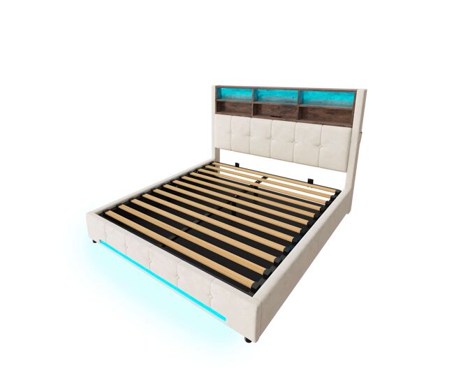 Cama tapizada 160x200 cm - cabecero multifuncional con 6 compartimentos, bolsillos laterales, usb-c, led, almacenamiento hidráulico y gran espacio