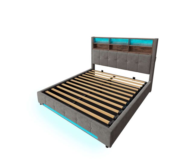 Cama tapizada 160x200 cm - cabecero multifuncional con 6 compartimentos, bolsillos laterales, usb-c, led, almacenamiento hidráulico grande - gris