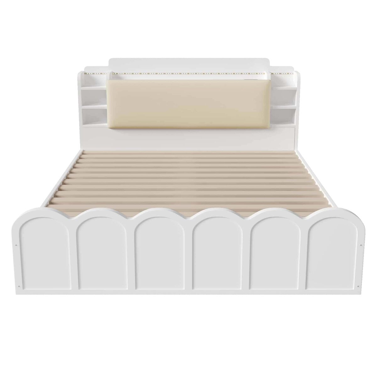 Cama panel 140x200 cm - hidráulica, led, usb-c, almacenamiento multifuncional - blanco