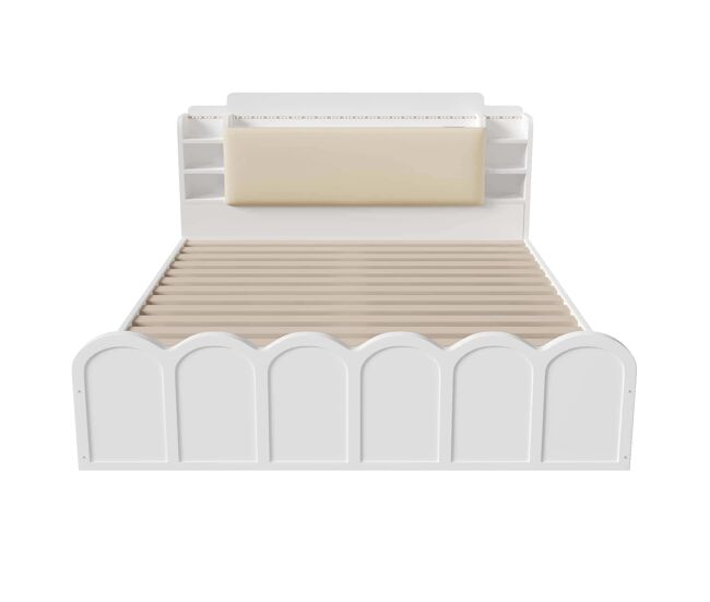 Cama panel 140x200 cm - hidráulica, led, usb-c, almacenamiento multifuncional - blanco