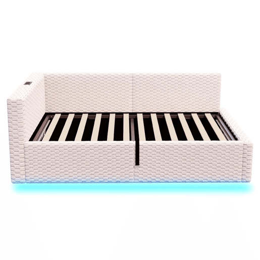 Cama estofada 90x200 cm - com LED, duas portas USB, encosto L macio, tecido de veludo, estrutura hidráulica - bege