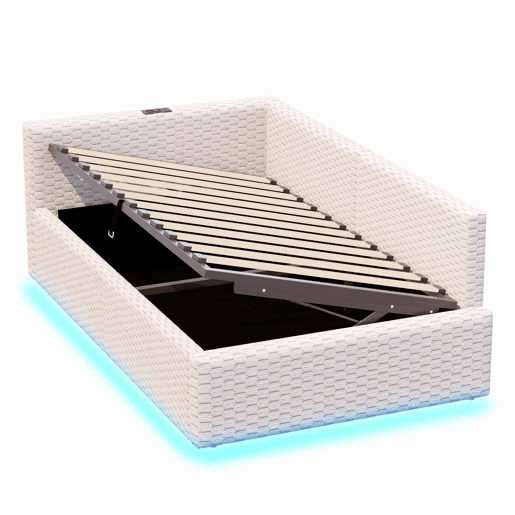Cama estofada 90x200 cm - com LED, duas portas USB, encosto L macio, tecido de veludo, estrutura hidráulica - bege