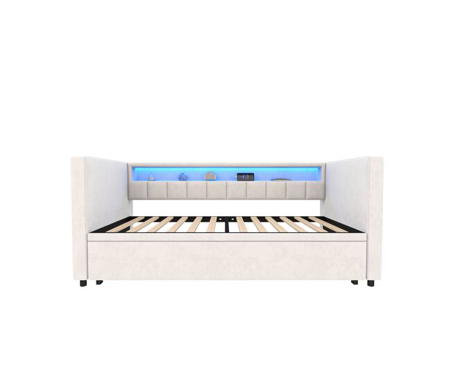 Sofá cama multifuncional 90x190 cm - cama extensible, usb-type-c, led ambiente, terciopelo, con almacenamiento - beige