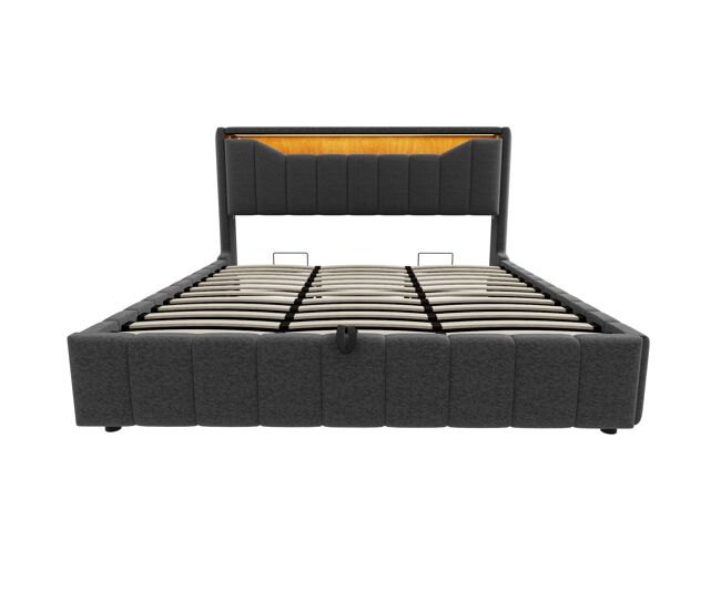 Cama tapizada 180 x 200 cm - almacenamiento hidráulico bajo cama, cabecero led, puertos usb y usb-c, revestimiento de lino resistente al desgaste para