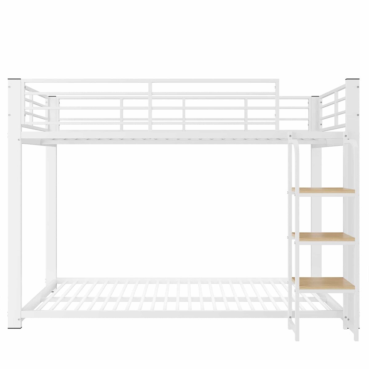 Litera infantil 90×200 cm - estructura metálica con escalera-estantería de madera y barandilla alta de seguridad - blanco+nogal