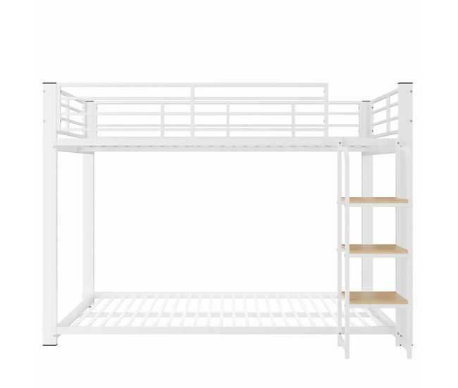 Litera infantil 90×200 cm - estructura metálica con escalera-estantería de madera y barandilla alta de seguridad - blanco+nogal