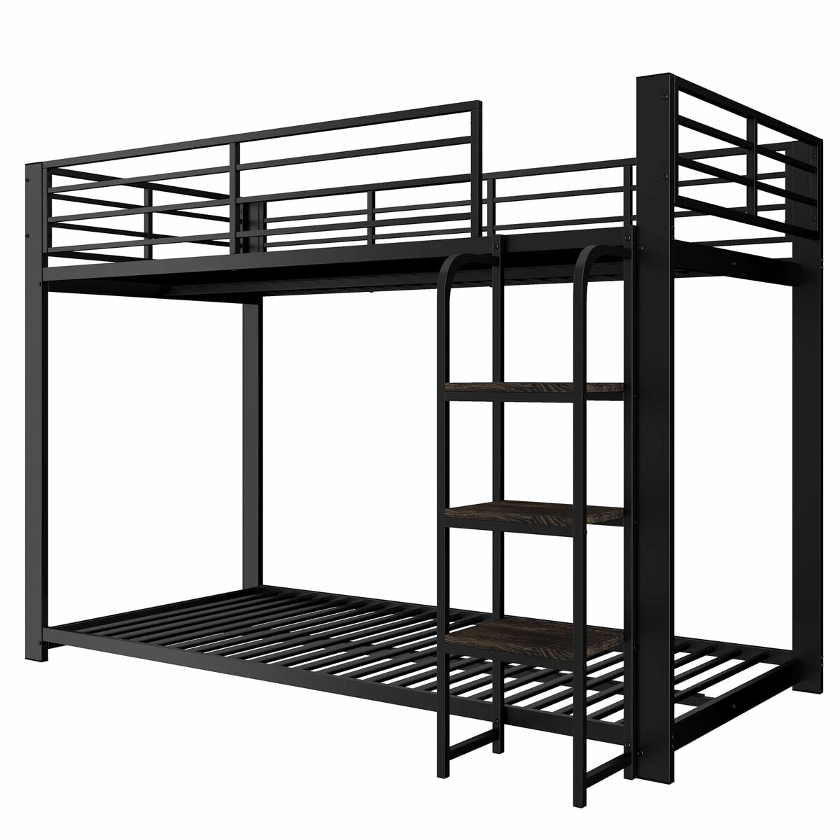 Litera metálica 90×200 cm - con escalera de madera y estantes, resistente para niños y adolescentes - negro