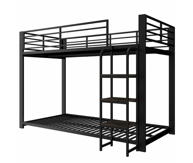 Litera metálica 90×200 cm - con escalera de madera y estantes, resistente para niños y adolescentes - negro