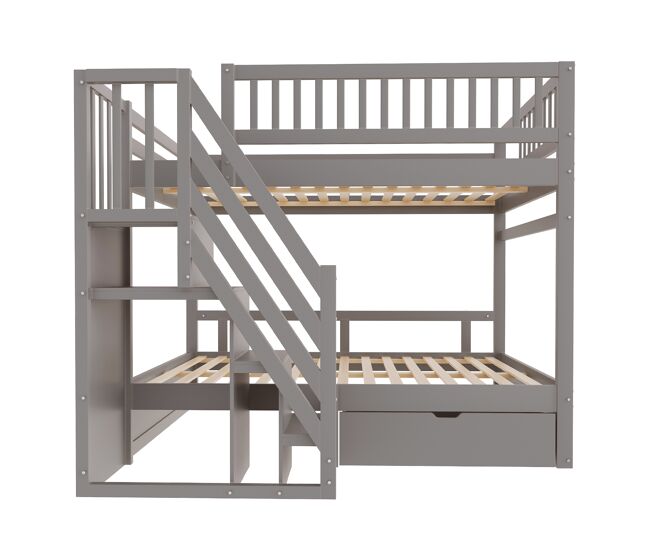 Cama litera 140*200 cm - con alto panel de seguridad, con somier, escalera de seguridad con almacenamiento, con cajones de almacenamiento - gris
