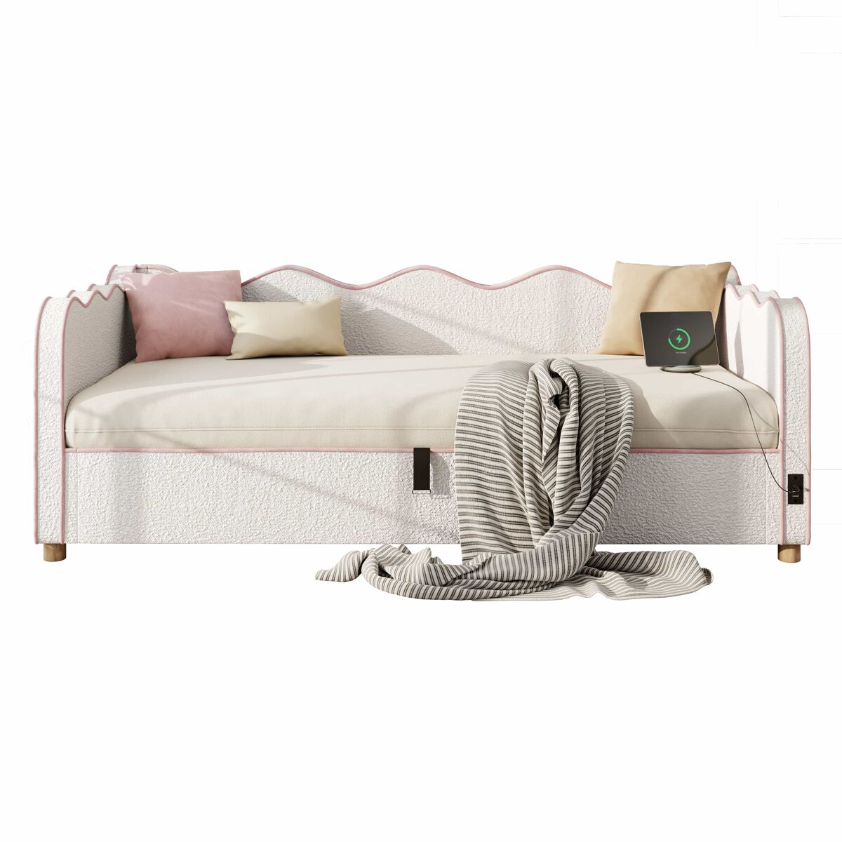Sofá cama daybed 90x200 cm - almacenamiento hidráulico, usb, respaldo, tapizado bouclé - beige