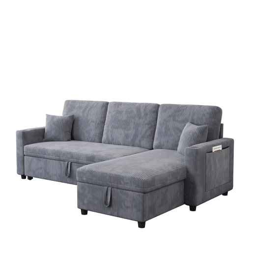 Sofá-cama de canto L de 3 lugares - modular, com arrumação e chaise longue - cinzento Sofá-cama de canto L de 3 lugares - modular, com arrumação e chaise longue - cinzento