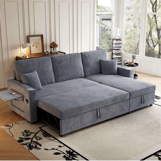 Sofá-cama de canto L de 3 lugares - modular, com arrumação e chaise longue - cinzento Sofá-cama de canto L de 3 lugares - modular, com arrumação e chaise longue - cinzento