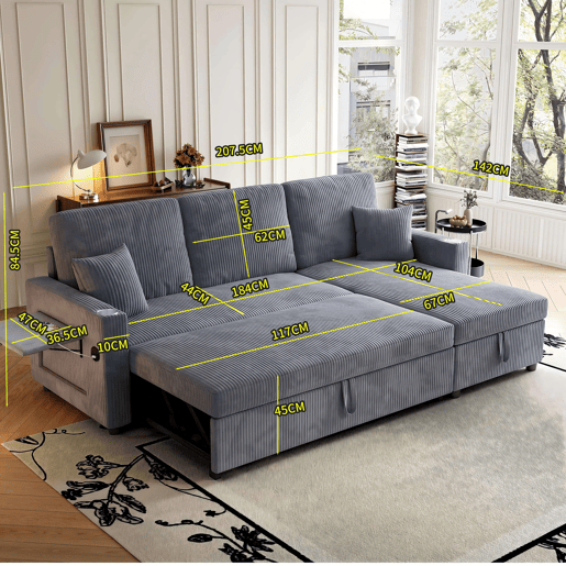 Sofá-cama de canto L de 3 lugares - modular, com arrumação e chaise longue - cinzento Sofá-cama de canto L de 3 lugares - modular, com arrumação e chaise longue - cinzento