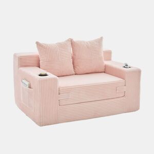 Sofá de 2 lugares - estofado em caxemira, 2 almofadas, porta-copos, apoio para os pés e arrumação lateral - Rosa
