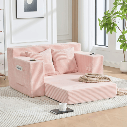 Sofá de 2 lugares - estofado em caxemira, 2 almofadas, porta-copos, apoio para os pés e arrumação lateral - Rosa Sofá de 2 lugares - estofado em caxemira, 2 almofadas, porta-copos, apoio para os pés e arrumação lateral - Rosa