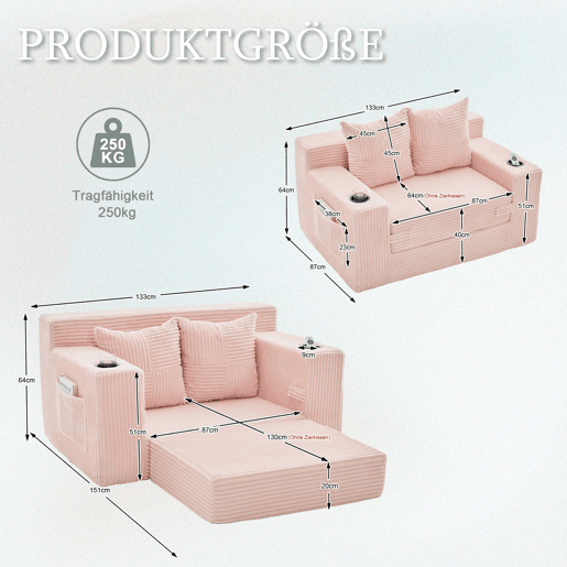 Sofá de 2 lugares - estofado em caxemira, 2 almofadas, porta-copos, apoio para os pés e arrumação lateral - Rosa Sofá de 2 lugares - estofado em caxemira, 2 almofadas, porta-copos, apoio para os pés e arrumação lateral - Rosa