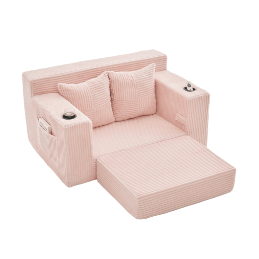 Sofá de 2 lugares - estofado em caxemira, 2 almofadas, porta-copos, apoio para os pés e arrumação lateral - Rosa Sofá de 2 lugares - estofado em caxemira, 2 almofadas, porta-copos, apoio para os pés e arrumação lateral - Rosa