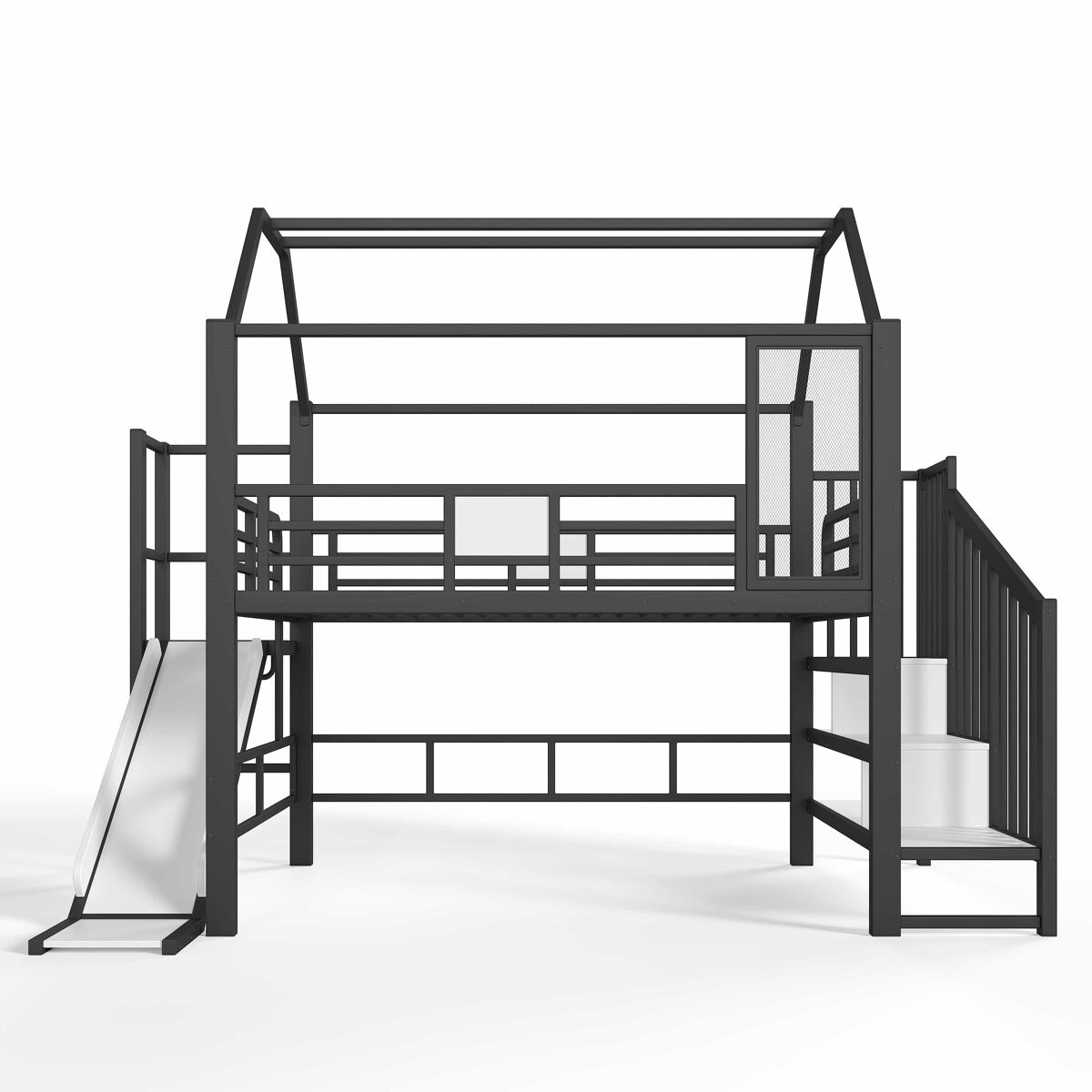 Cama alta infantil 140 × 200 cm - forma de casa con tobogán, escalera, almacenaje y led bluetooth en 747 - negro