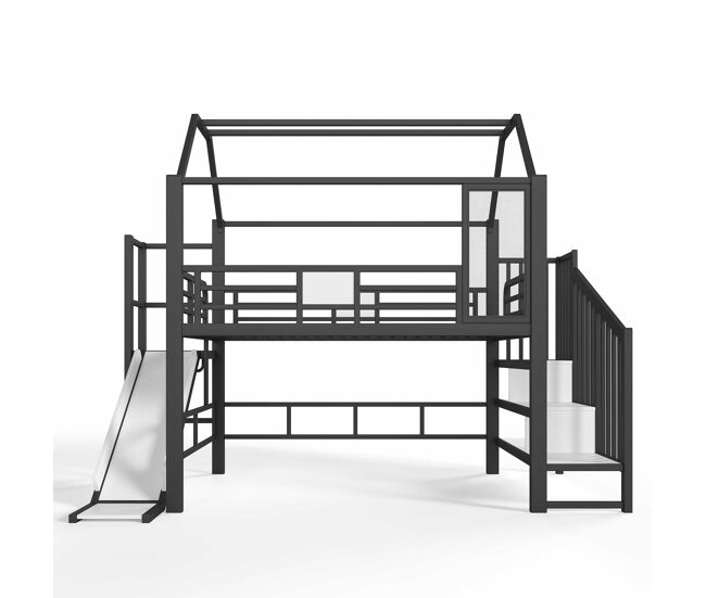Cama alta infantil 140 × 200 cm - forma de casa con tobogán, escalera, almacenaje y led bluetooth en 747 - negro