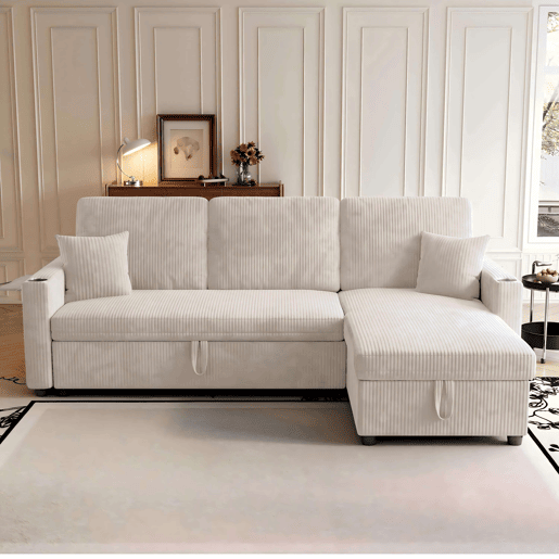 Sofá-cama de canto de 3 lugares - modular com chaise longue, espaçoso, transformável com arrumação - Bege