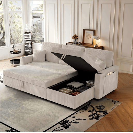 Sofá-cama de canto de 3 lugares - modular com chaise longue, espaçoso, transformável com arrumação - Bege