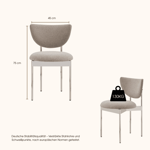 Conjunto de 2 cadeiras de jantar - design escandinavo, estofadas em tecido com estrutura em aço inoxidável - cáqui claro
