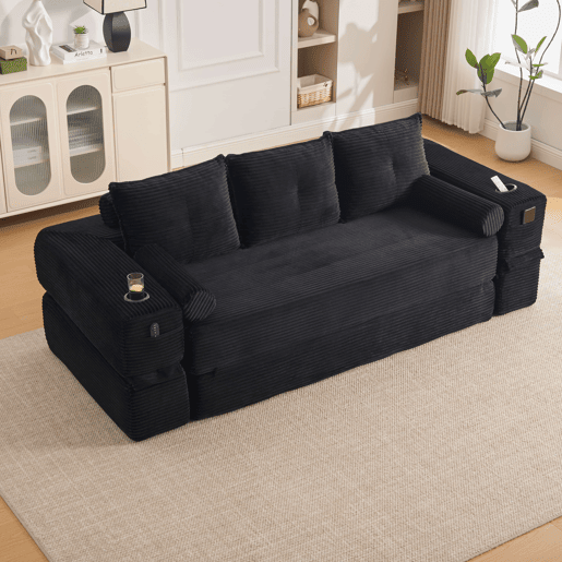 Sofá-cama de 3 lugares - em veludo, com espuma de alta densidade, núcleo de molas, almofadas Memory, bolsos e suportes para copos - Preto Sofá-cama de 3 lugares - em veludo, com espuma de alta densidade, núcleo de molas, almofadas Memory, bolsos e suportes para copos - Preto
