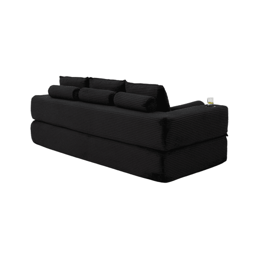 Sofá-cama de 3 lugares - em veludo, com espuma de alta densidade, núcleo de molas, almofadas Memory, bolsos e suportes para copos - Preto Sofá-cama de 3 lugares - em veludo, com espuma de alta densidade, núcleo de molas, almofadas Memory, bolsos e suportes para copos - Preto