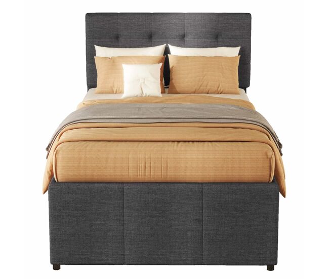 Cama tapizada 90x200cm con cama nido 90x190cm - en tejido de lino - con 3 cajones y somier - gris