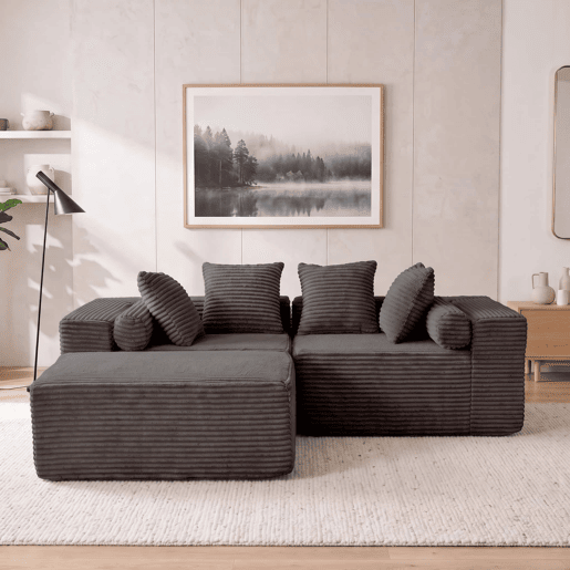 Sofá modular em L 266×110×60 cm - 3 lugares, estilo «nuvem», almofadas macias e tecido de chenille - Preto Sofá modular em L 266×110×60 cm - 3 lugares, estilo «nuvem», almofadas macias e tecido de chenille - Preto