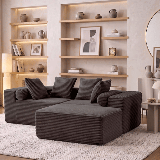 Sofá modular em L 266×110×60 cm - 3 lugares, estilo «nuvem», almofadas macias e tecido de chenille - Preto Sofá modular em L 266×110×60 cm - 3 lugares, estilo «nuvem», almofadas macias e tecido de chenille - Preto