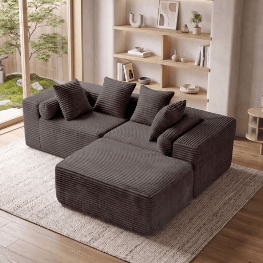 Sofá modular em L 266×110×60 cm - 3 lugares, estilo «nuvem», almofadas macias e tecido de chenille - Preto Sofá modular em L 266×110×60 cm - 3 lugares, estilo «nuvem», almofadas macias e tecido de chenille - Preto