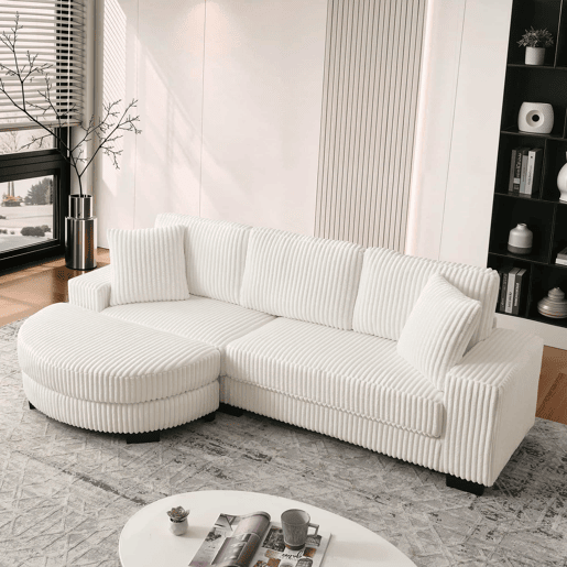 Sofá de canto modular em L 256,5 x 133,5 x 89 cm - Sofá de 4 lugares em veludo clássico com otomana oval e 2 almofadas, ideal para sala de estar, apartamento e escritório - Bege Sofá de canto modular em L 256,5 x 133,5 x 89 cm - Sofá de 4 lugares em veludo clássico com otomana oval e 2 almofadas, ideal para sala de estar, apartamento e escritório - Bege