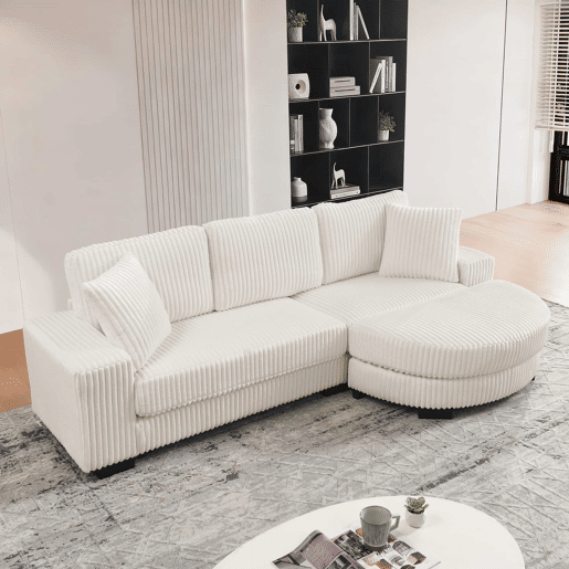 Sofá de canto modular em L 256,5 x 133,5 x 89 cm - Sofá de 4 lugares em veludo clássico com otomana oval e 2 almofadas, ideal para sala de estar, apartamento e escritório - Bege Sofá de canto modular em L 256,5 x 133,5 x 89 cm - Sofá de 4 lugares em veludo clássico com otomana oval e 2 almofadas, ideal para sala de estar, apartamento e escritório - Bege