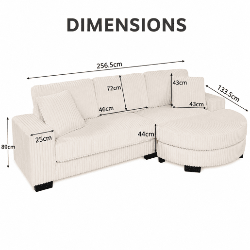 Sofá de canto modular em L 256,5 x 133,5 x 89 cm - Sofá de 4 lugares em veludo clássico com otomana oval e 2 almofadas, ideal para sala de estar, apartamento e escritório - Bege Sofá de canto modular em L 256,5 x 133,5 x 89 cm - Sofá de 4 lugares em veludo clássico com otomana oval e 2 almofadas, ideal para sala de estar, apartamento e escritório - Bege