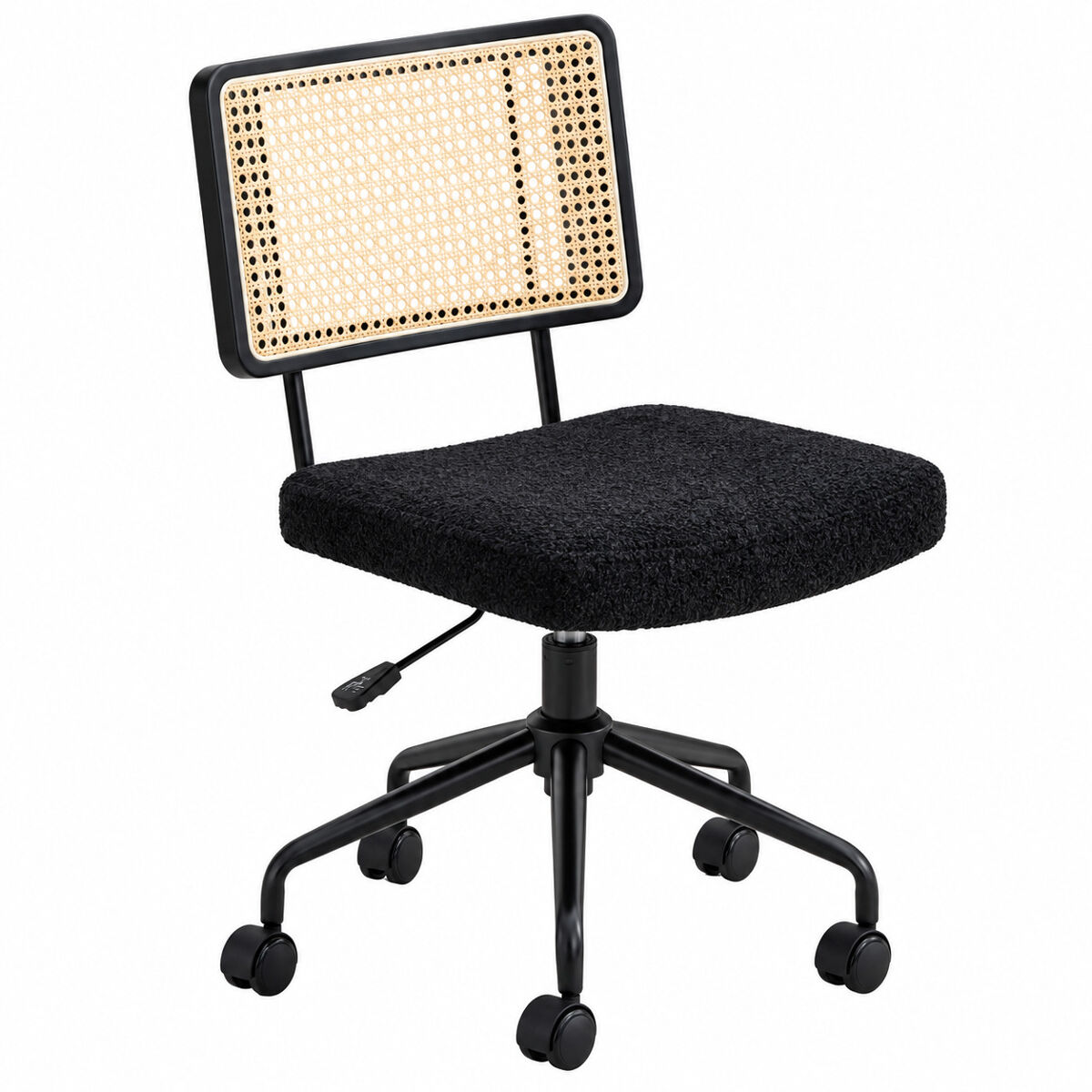 Silla de oficina de ratán vintage – giratoria ajustable con ruedas, asiento de chenilla y estructura de madera – negro
