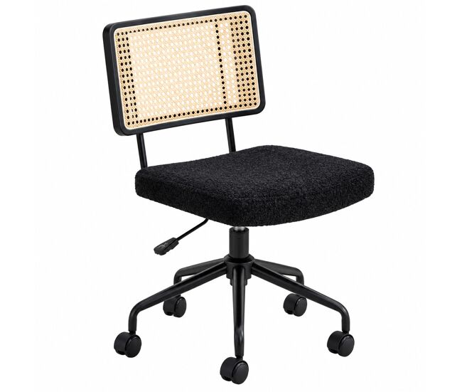 Silla de oficina de ratán vintage – giratoria ajustable con ruedas, asiento de chenilla y estructura de madera – negro