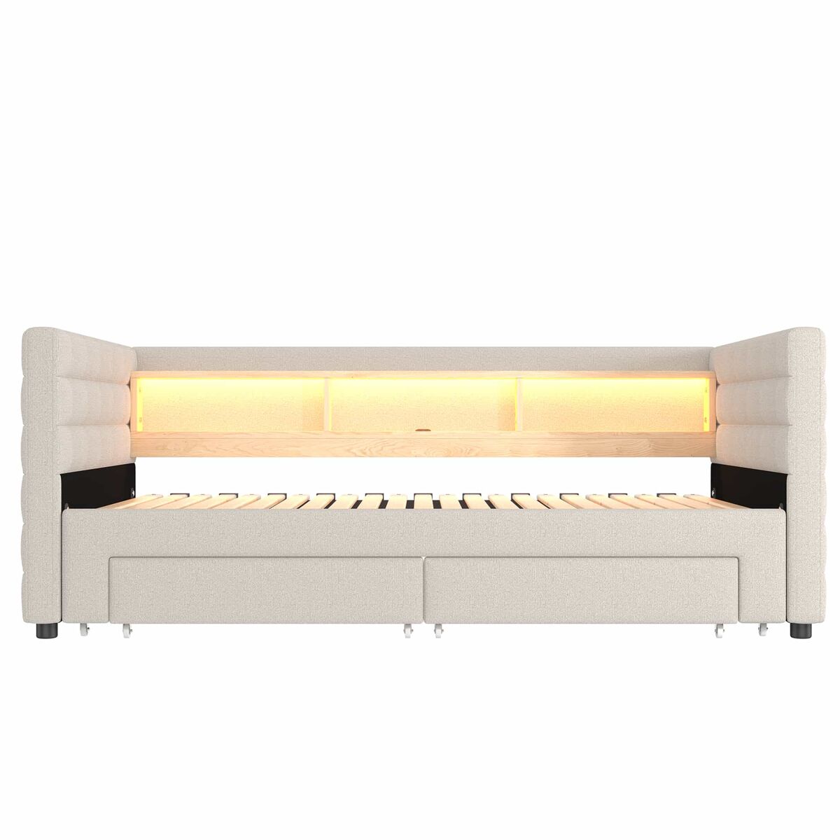Cama día 90x190 cm - diseño multifuncional, usb, 2 cajones, luces led - beige
