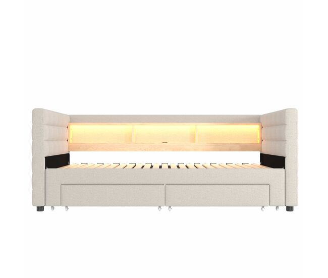 Cama día 90x190 cm - diseño multifuncional, usb, 2 cajones, luces led - beige