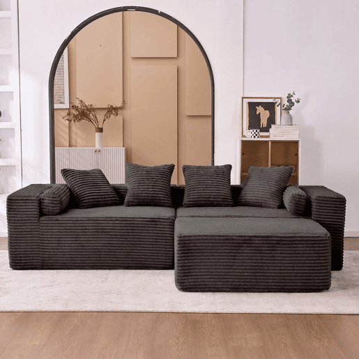 Sofá modular em L, 3 lugares, 266×110×60 cm u2013 estilo «nuvem», almofadas macias e estofo em chenille u2013 Preto Sofá modular em L, 3 lugares, 266×110×60 cm u2013 estilo «nuvem», almofadas macias e estofo em chenille u2013 Preto