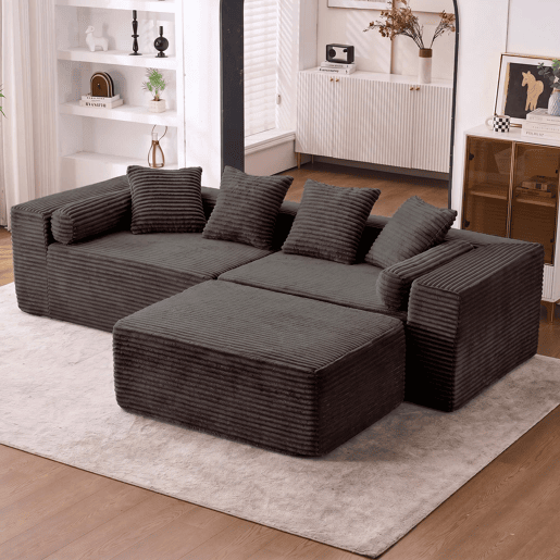 Sofá modular em L, 3 lugares, 266×110×60 cm u2013 estilo «nuvem», almofadas macias e estofo em chenille u2013 Preto Sofá modular em L, 3 lugares, 266×110×60 cm u2013 estilo «nuvem», almofadas macias e estofo em chenille u2013 Preto