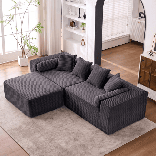 Sofá modular em L, 3 lugares, 266×110×60 cm u2013 estilo «nuvem», almofadas macias e estofo em chenille u2013 Preto Sofá modular em L, 3 lugares, 266×110×60 cm u2013 estilo «nuvem», almofadas macias e estofo em chenille u2013 Preto