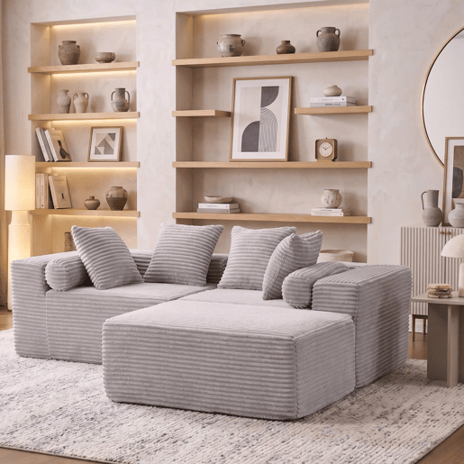 Sofá modular em L de 3 lugares u2013 efeito nuvem, almofadas macias, chenille, sem montagem u2013 Cinzento Sofá modular em L de 3 lugares u2013 efeito nuvem, almofadas macias, chenille, sem montagem u2013 Cinzento