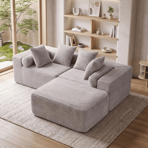 Sofá modular em L de 3 lugares u2013 efeito nuvem, almofadas macias, chenille, sem montagem u2013 Cinzento Sofá modular em L de 3 lugares u2013 efeito nuvem, almofadas macias, chenille, sem montagem u2013 Cinzento