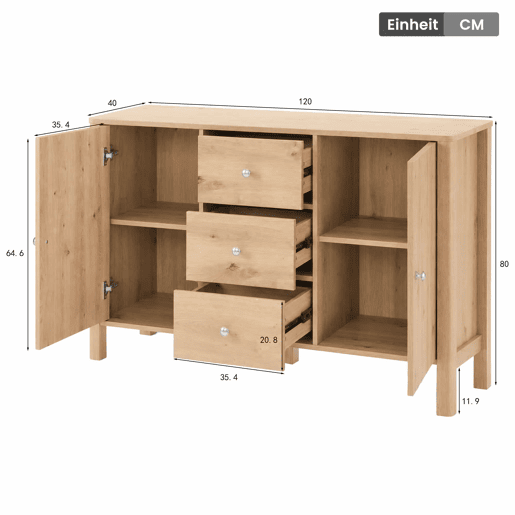 Aparador 120 × 40 × 80 cm - 3 gavetas e 2 portas - Carvalho Aparador 120 × 40 × 80 cm - 3 gavetas e 2 portas - Carvalho