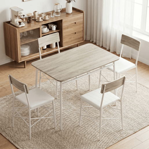 HOMCOM Conjunto de Mesa e 4 Cadeiras de Jantar, Mesa de Cozinha Retangular com Cadeiras Acolchoadas, Estilo Moderno, Estrutura Metálica, para Espaços Pequenos, 106x66x75 cm, Carvalho e Branco HOMCOM Conjunto de Mesa e 4 Cadeiras de Jantar, Mesa de Cozinha Retangular com Cadeiras Acolchoadas, Estilo Moderno, Estrutura Metálica, para Espaços Pequenos, 106x66x75 cm, Carvalho e Branco