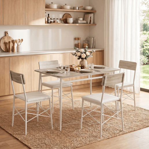 HOMCOM Conjunto de Mesa e 4 Cadeiras de Jantar, Mesa de Cozinha Retangular com Cadeiras Acolchoadas, Estilo Moderno, Estrutura Metálica, para Espaços Pequenos, 106x66x75 cm, Carvalho e Branco HOMCOM Conjunto de Mesa e 4 Cadeiras de Jantar, Mesa de Cozinha Retangular com Cadeiras Acolchoadas, Estilo Moderno, Estrutura Metálica, para Espaços Pequenos, 106x66x75 cm, Carvalho e Branco