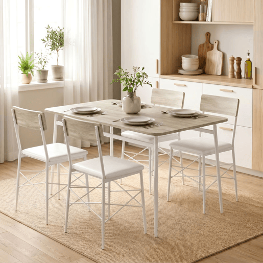 HOMCOM Conjunto de Mesa e 4 Cadeiras de Jantar, Mesa de Cozinha Retangular com Cadeiras Acolchoadas, Estilo Moderno, Estrutura Metálica, para Espaços Pequenos, 106x66x75 cm, Carvalho e Branco HOMCOM Conjunto de Mesa e 4 Cadeiras de Jantar, Mesa de Cozinha Retangular com Cadeiras Acolchoadas, Estilo Moderno, Estrutura Metálica, para Espaços Pequenos, 106x66x75 cm, Carvalho e Branco