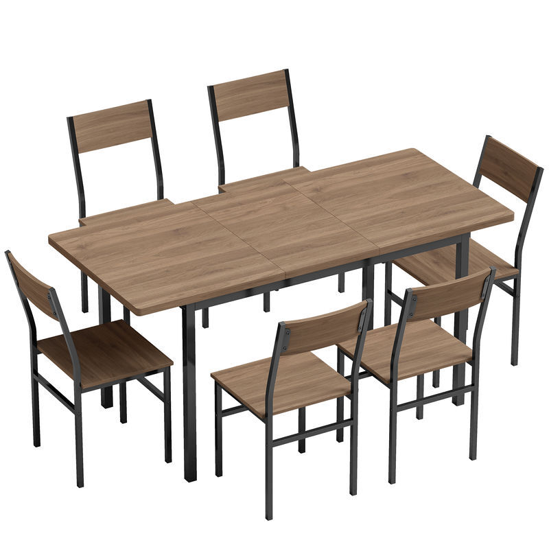 Homcom conjunto de mesa y 6 sillas de comedor de 7 piezas, mesa de cocina extensible 120-160 cm con 6 sillas, ahorro de espacio, para 4-6 personas,